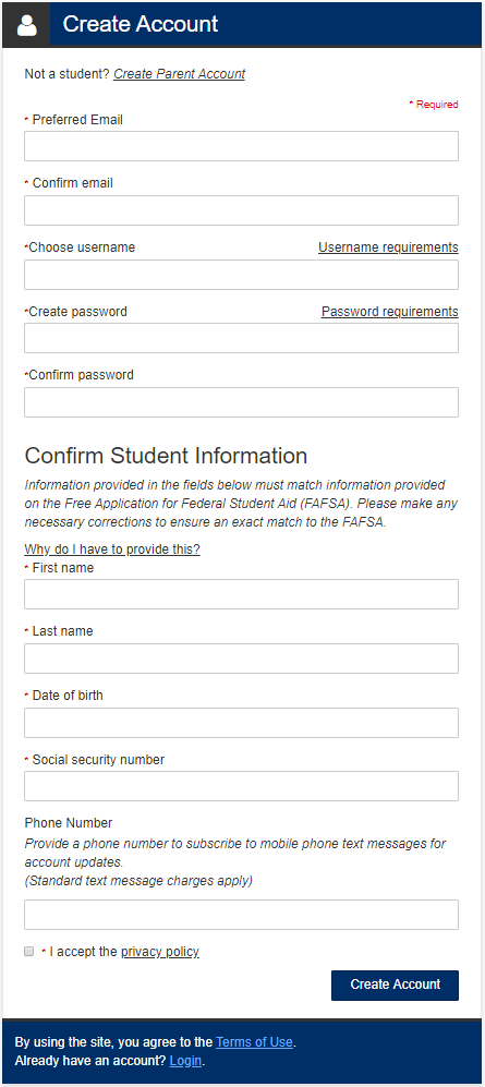 Information needed to create account